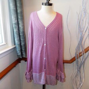 CHADWICK COLLECTION Rose & Silver Ruffle Sleeve Cardigan Sweater Size Large